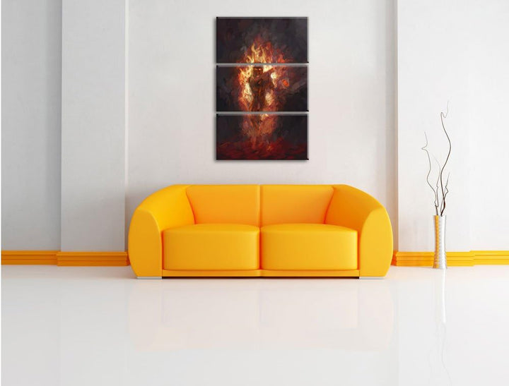 Pixxprint Verdunkelter Dämon des Feuers / 3-Teilig/Gesamtmass 120cm Leinwandbild bespannt auf Holzra