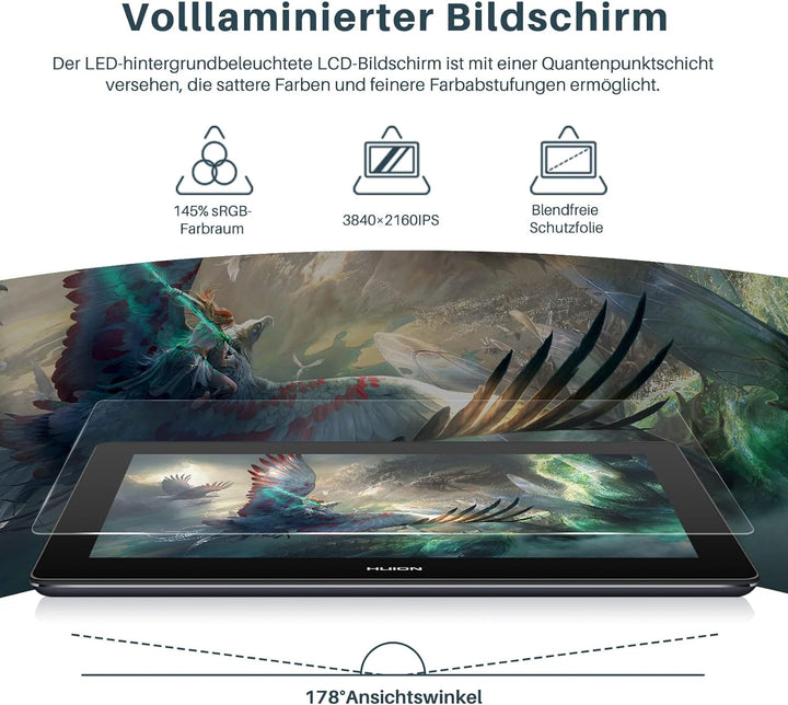 HUION Kamvas Pro 16 Plus (4K), 15,6 Zoll Grafiktablett mit Display, volllaminierter entspiegelter Gl