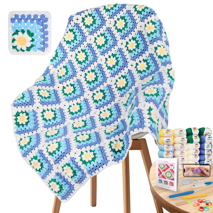 Coopay Granny Square Häkelset für Anfänger, Häkel Set für Gänseblümchen Decke 3D, Komplett Häkelset