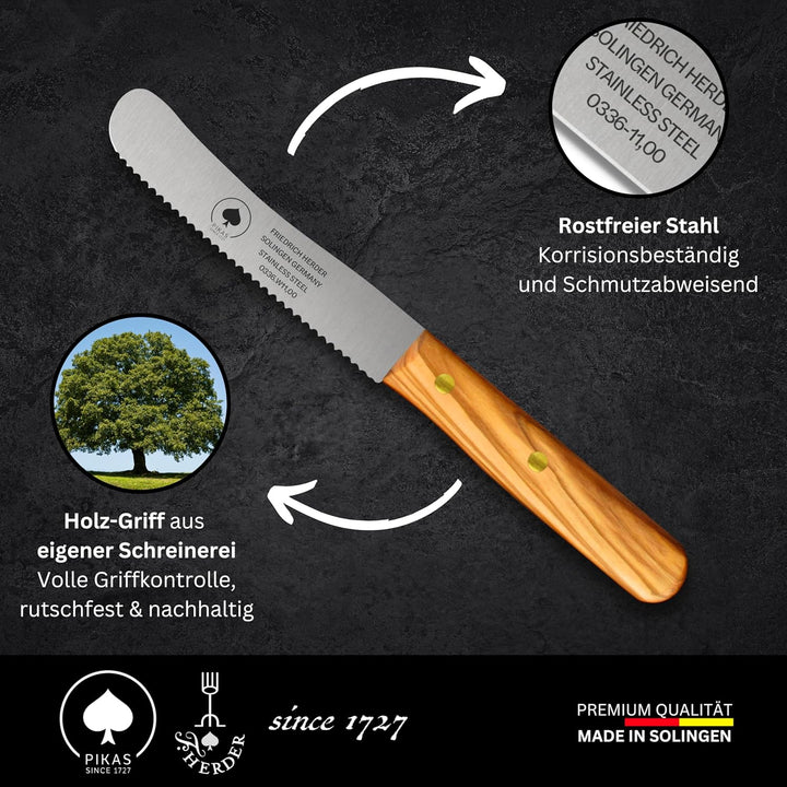 PIKAS - Solingen Messer mit Wellenschliff, Olive Holzgriff, Premium Buckelmesser, Küchenmesser, Früh