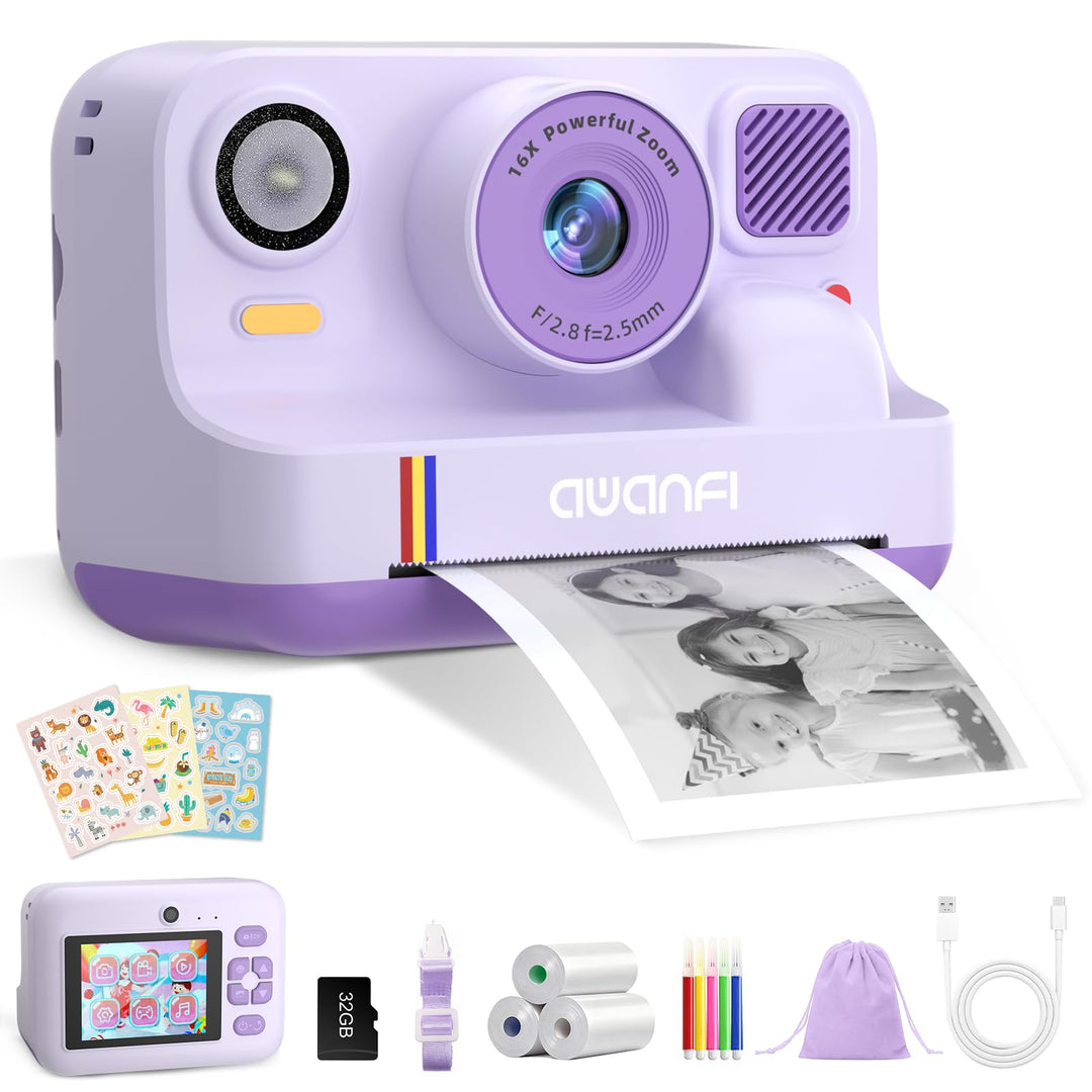 Kinderkamera Sofortbildkamera, 1080P Sofortbildkamera Kinder mit 32GB Karte & 3 Rollen Druckpapier,