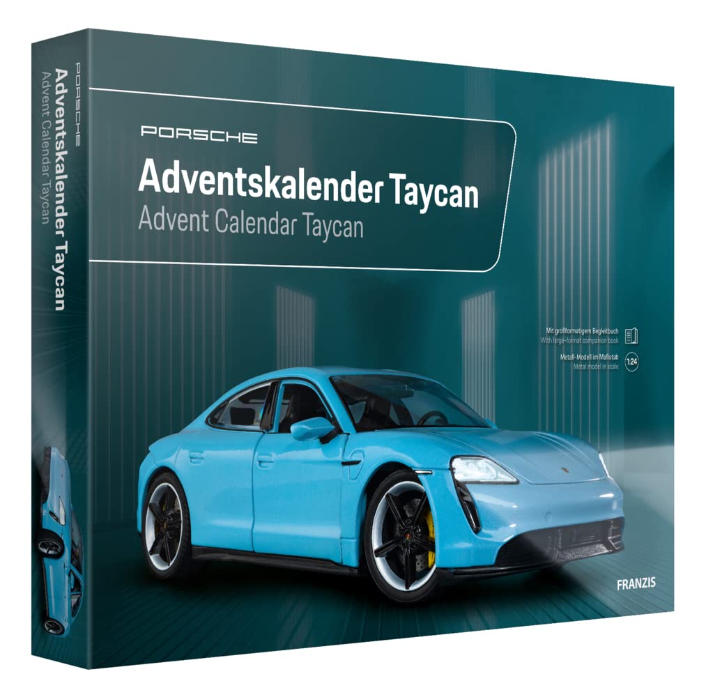 FRANZIS 67203 - Porsche Taycan Adventskalender frozen blue, Metall Modellbausatz im Massstab 1:24, i