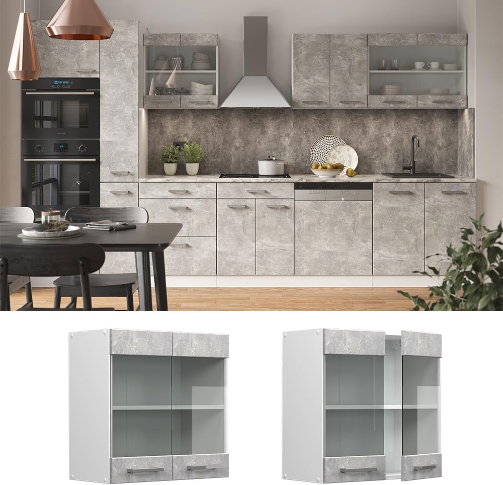 Vicco Küchenschrank Glas R-Line, Beton/Weiss, 60 cm Beton Hängeglasschrank 60cm, Beton Hängeglasschr
