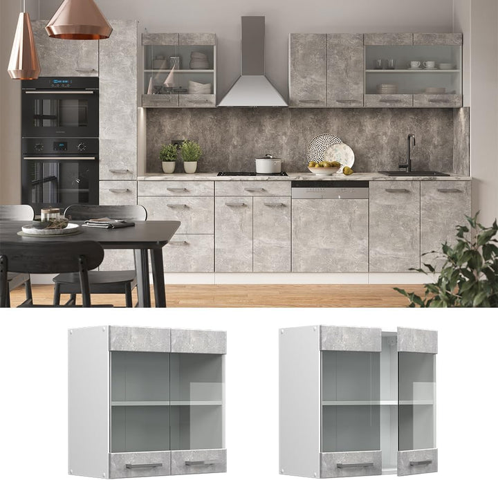 Vicco Küchenschrank Glas R-Line, Beton/Weiss, 60 cm Beton Hängeglasschrank 60cm, Beton Hängeglasschr