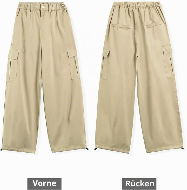 Rolanko Mädchen Cargohose, Baumwoll Baggy Hose mit Elastischer Taille und Mehreren Taschen für Kinde