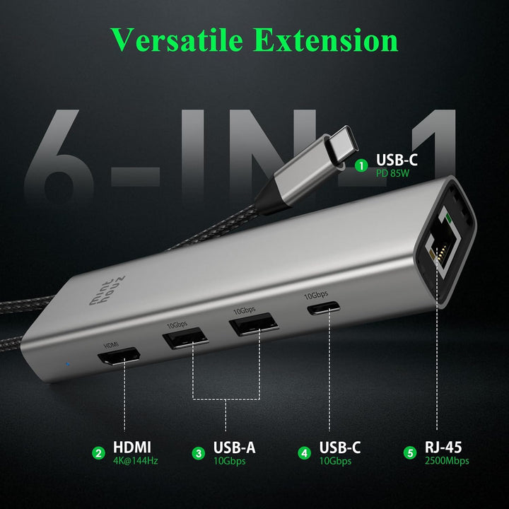 Minthouz USB-C-Hub für Dell, HP Lenovo, 6-in-1-Multiport-Adapter, USB-C-zu-HDMI mit 4K@144Hz,100W PD