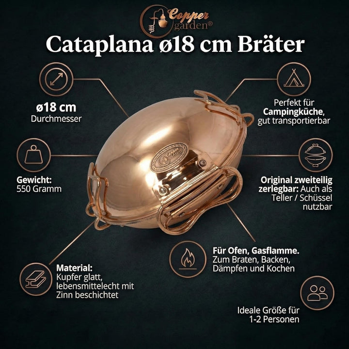 CopperGarden® Cataplana Bräter aus handverzinntem glattem Kupfer mit ca 18 cm Durchmesser I Portugie