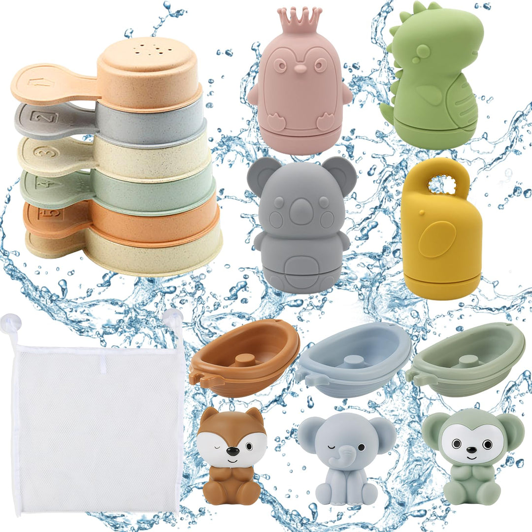 16 Stück Badewannenspielzeug, Baby Badespielzeug Silikon Wasserspielzeug Kinder mit Spritztiere Fing