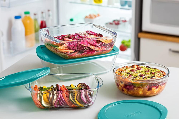 Pyrex® - Cook & Store - 3er Set rechteckige Glasschalen mit Deckel (0,4l, 1,1l und 2,5l) - BPA-frei