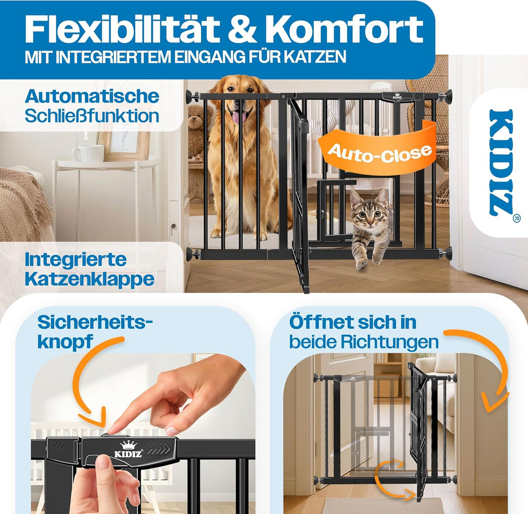 KIDIZ Absperrgitter zum Klemmen mit Katzenklappe, Türschutzgitter, Autoclose Kinder Treppengitter oh