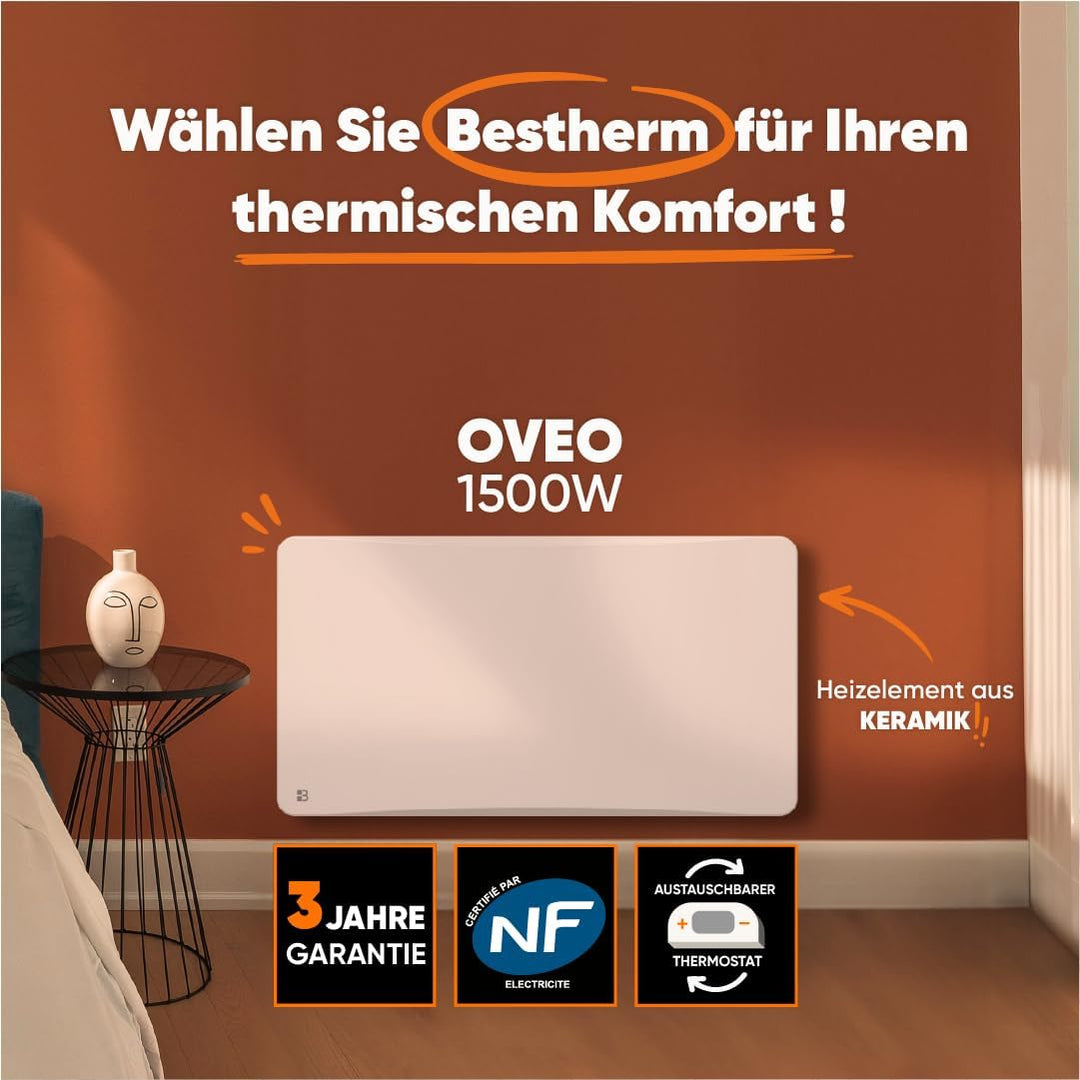 BESTHERM Bestherm Oveo Heizkörper, elektrisch, fest, Keramik, 1500 W, Plug &amp; Play, horizontal, weiss