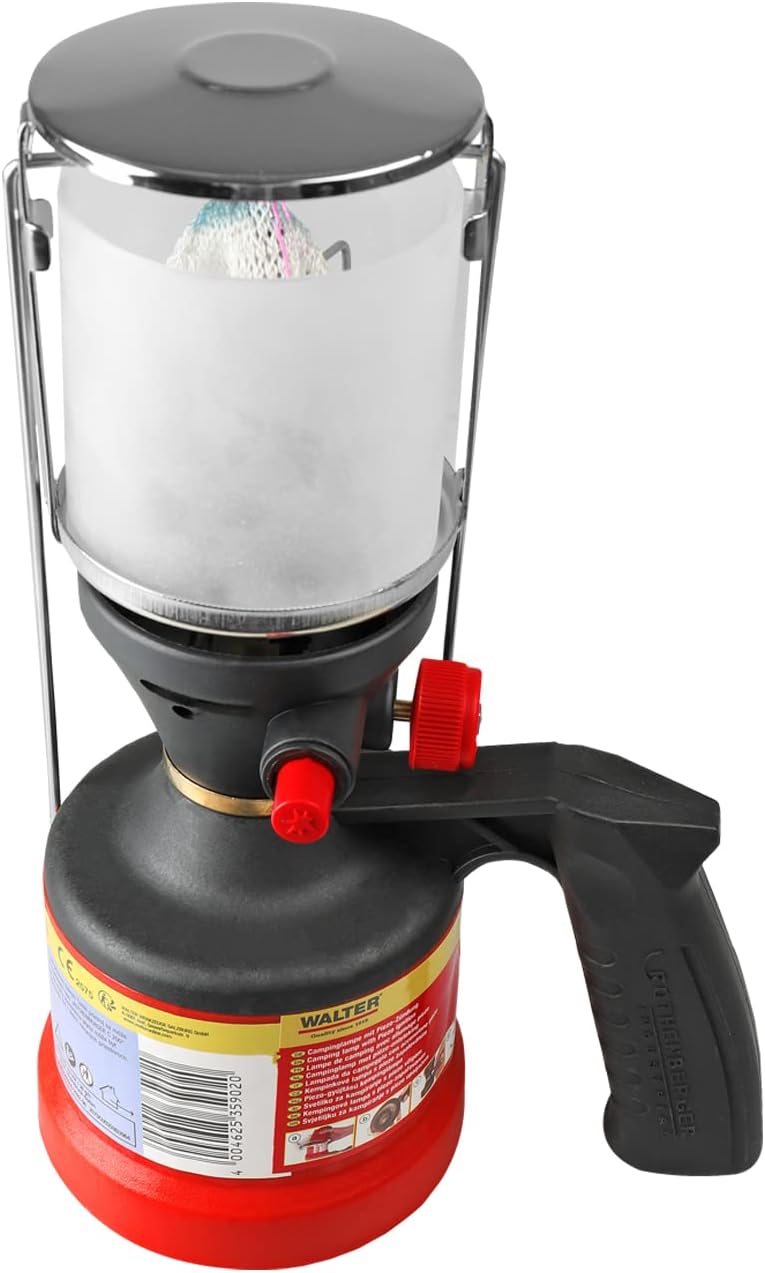WALTER Gas Camping Lampe mit Piezo Zündung, inkl. 3 Glühstrümpfe | Stufenlos regulierbare Helligkeit
