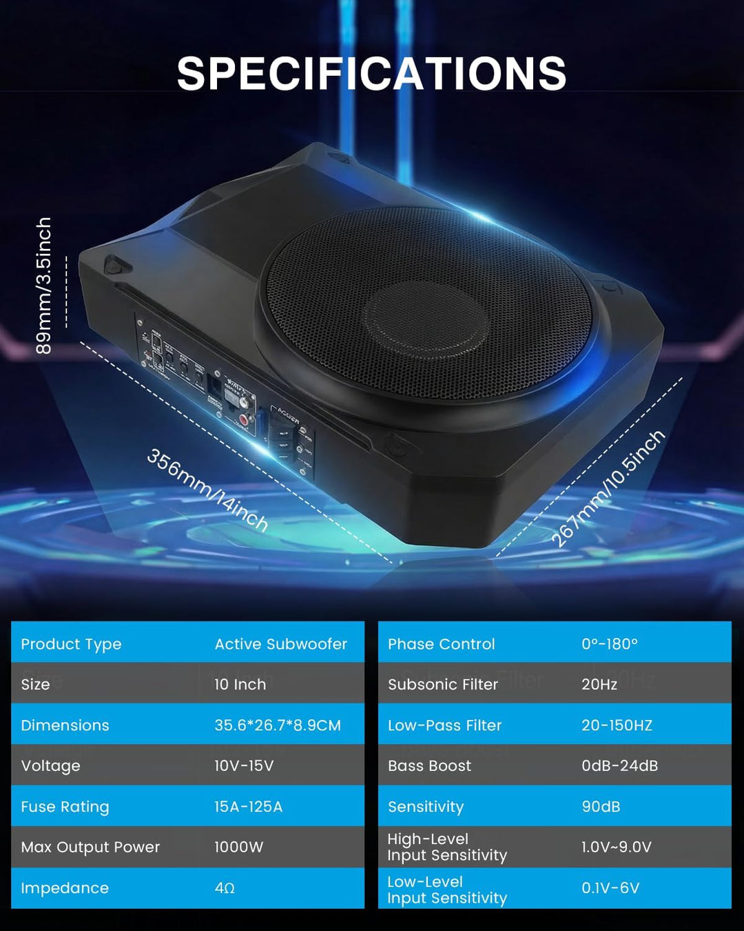 Ultraflacher Auto-Subwoofer, geeignet für Limousinen/LKW, mit integriertem Verstärker, unter den Sit
