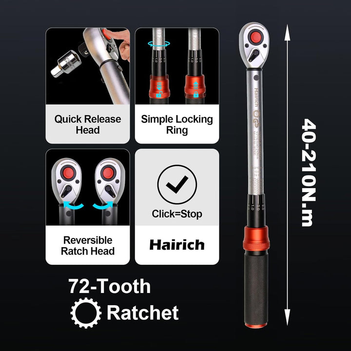 Hairich Drehmomentschlüssel 1/2 Zoll, 40-210 Nm für Auto &amp; Motorrad, TÜV Süd GS, Drehmomentschlüssel