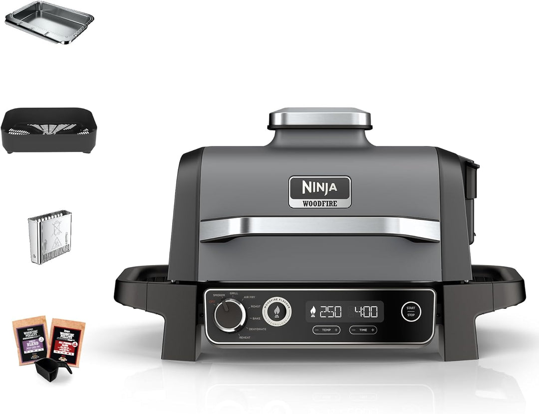 Ninja Woodfire Smoker Grill Elektrisch, Elektrogrill Outdoor, Räucherofen & Heissluftfritteuse, Airf