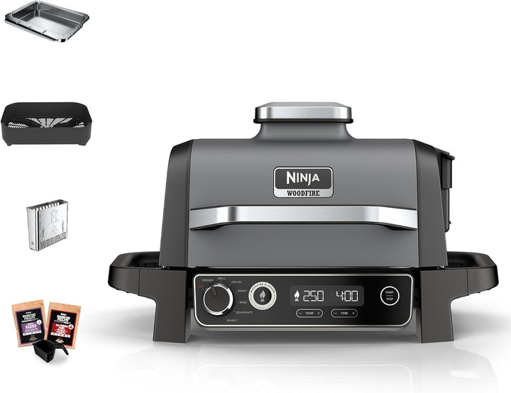 Ninja Woodfire Smoker Grill Elektrisch, Elektrogrill Outdoor, Räucherofen & Heissluftfritteuse, Airf