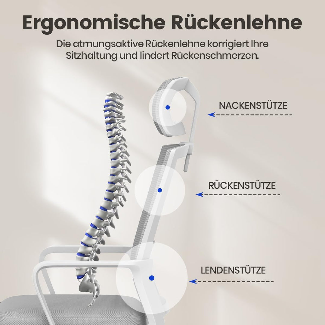 naspaluro Ergonomischer Bürostuhl, Schreibtischstuhl mit Verstellbarer Kopfstütze, Atmungsaktiver Ne