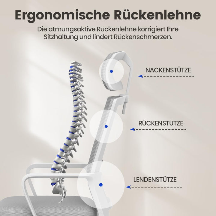 naspaluro Ergonomischer Bürostuhl, Schreibtischstuhl mit Verstellbarer Kopfstütze, Atmungsaktiver Ne