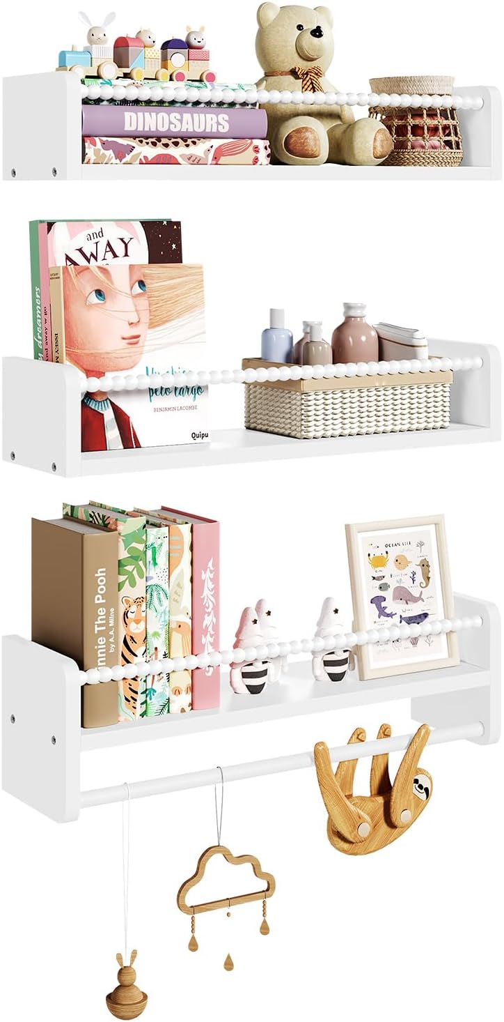 WOLTU 3er Set Kinder Bücherregal Wand, 50cm Wandregal Kinderzimmer, aus Massivholz, Hängeregal Schwe
