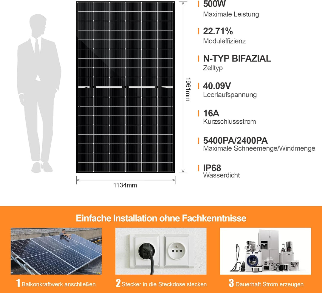 SAKETE Solarpanel 2000W Bifazial (+400W), Solarmodul Doppelglas Full Black, N-Typ Photovoltaik Modul
