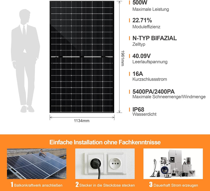SAKETE Solarpanel 2000W Bifazial (+400W), Solarmodul Doppelglas Full Black, N-Typ Photovoltaik Modul
