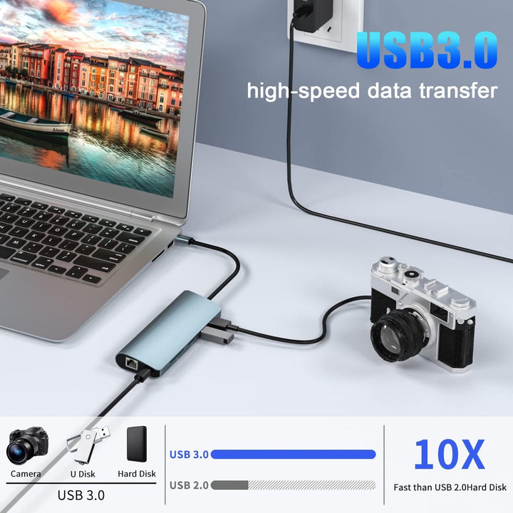 Docking Station, 10-in-1-USB-C-Hub, USB Typ C bis 4K 30 Hz HDMI 1080P VGA, 87 W PD, 2 USB 3.0, SD/TF