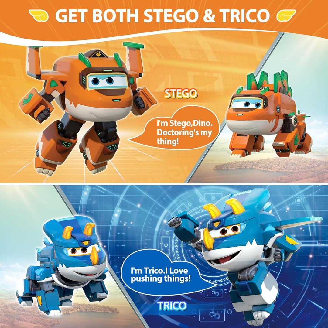 Super Wings Verwandelbares Roboterspielzeug 2PCS Trico & Stego, 3-in-1 Dinosaurier-Spielzeug 12,7 cm