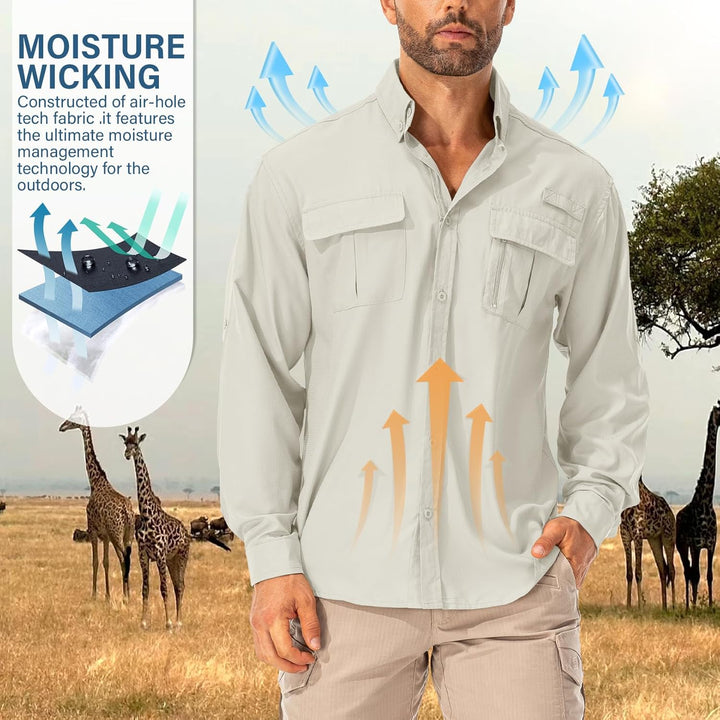 Hemd Herren Safari UPF50+ UV Schutz Wanderhemd Herren Langarm Funktionshemd Outdoorhemd Atmungsaktiv