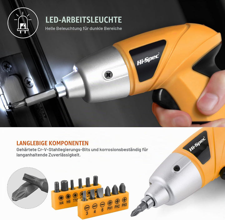 Hi-Spec 19-tlg. Gelb Werkzeugset mit USB 3.6V Akkuschrauber. Kleiner Werkzeugsatz mit elektrischem S