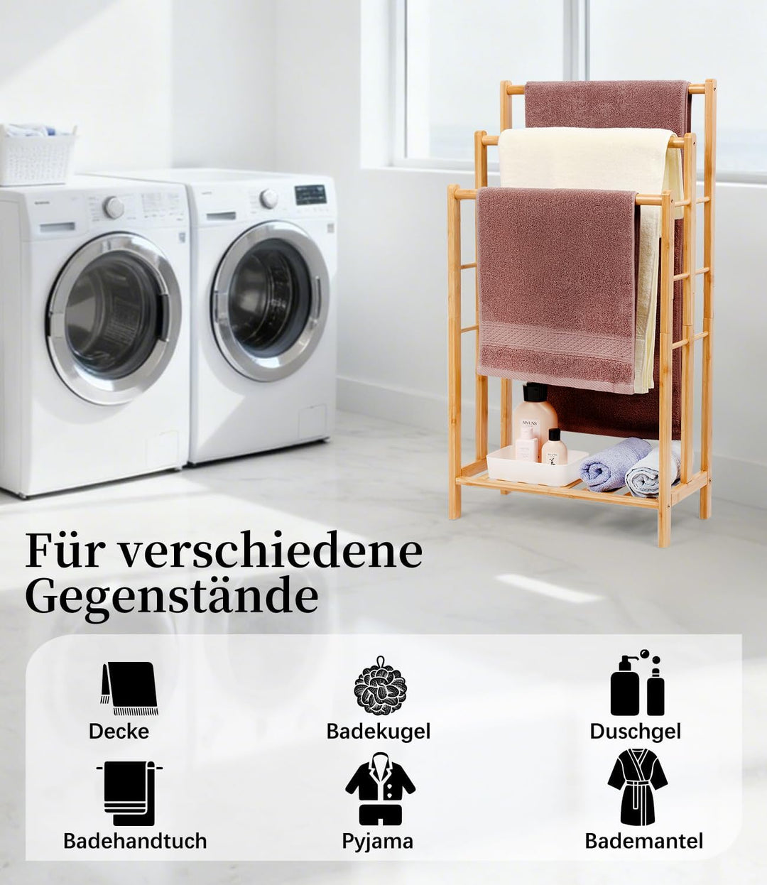 Bambus Handtuchständer mit Ablage, Handtuchhalter Freistehend, Handtuchleiter stehend mit 3 stangen,