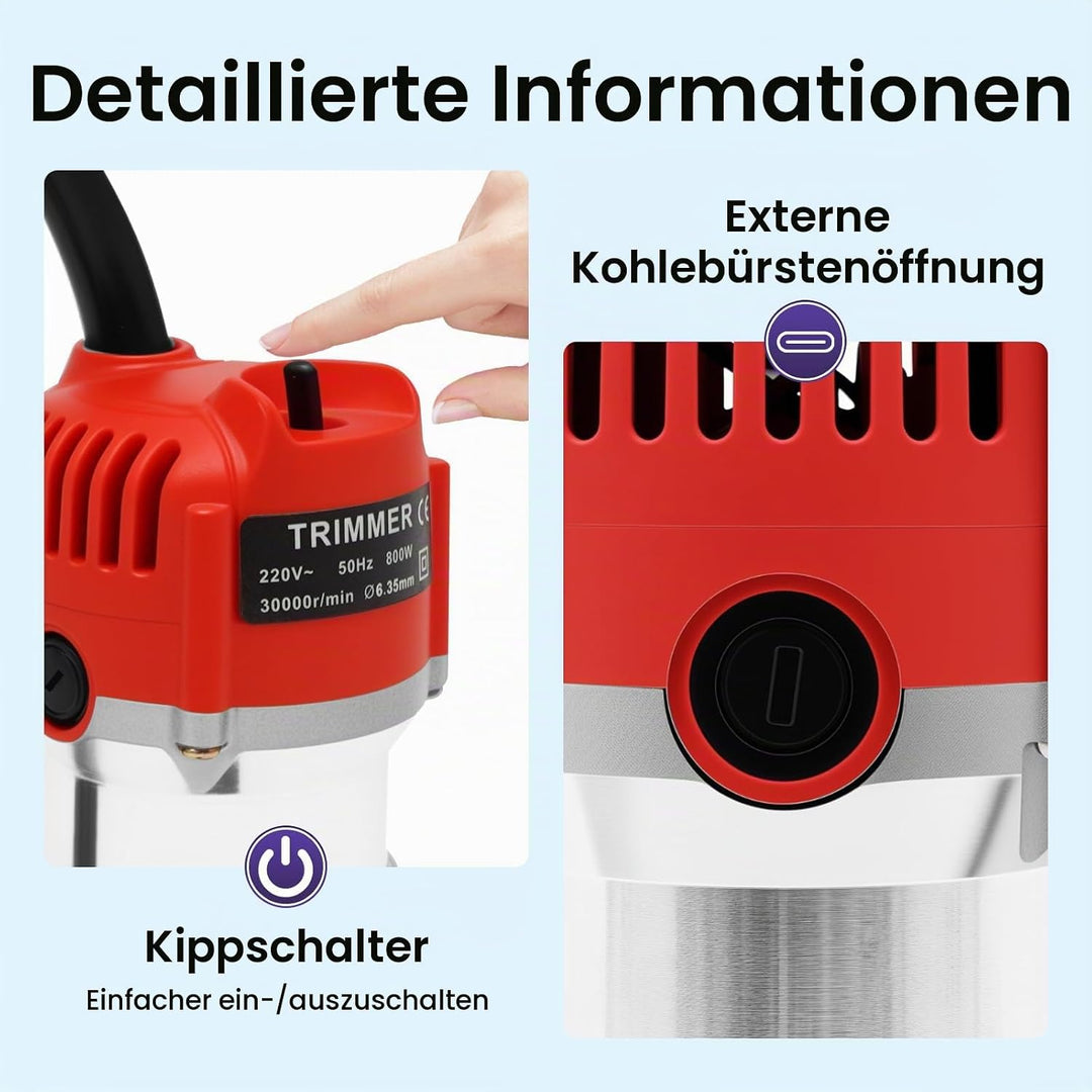 Holzfräse Oberfräse, 800W Elektrischer Oberfräse 1/4" Kantenfräse Einhandfräse Profi Holzfräse Handf