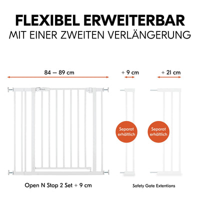 Hauck Treppenschutzgitter Türschutzgitter Open N Stop 2 inkl. 9 cm Verlängerung für Breiten 84-89 cm