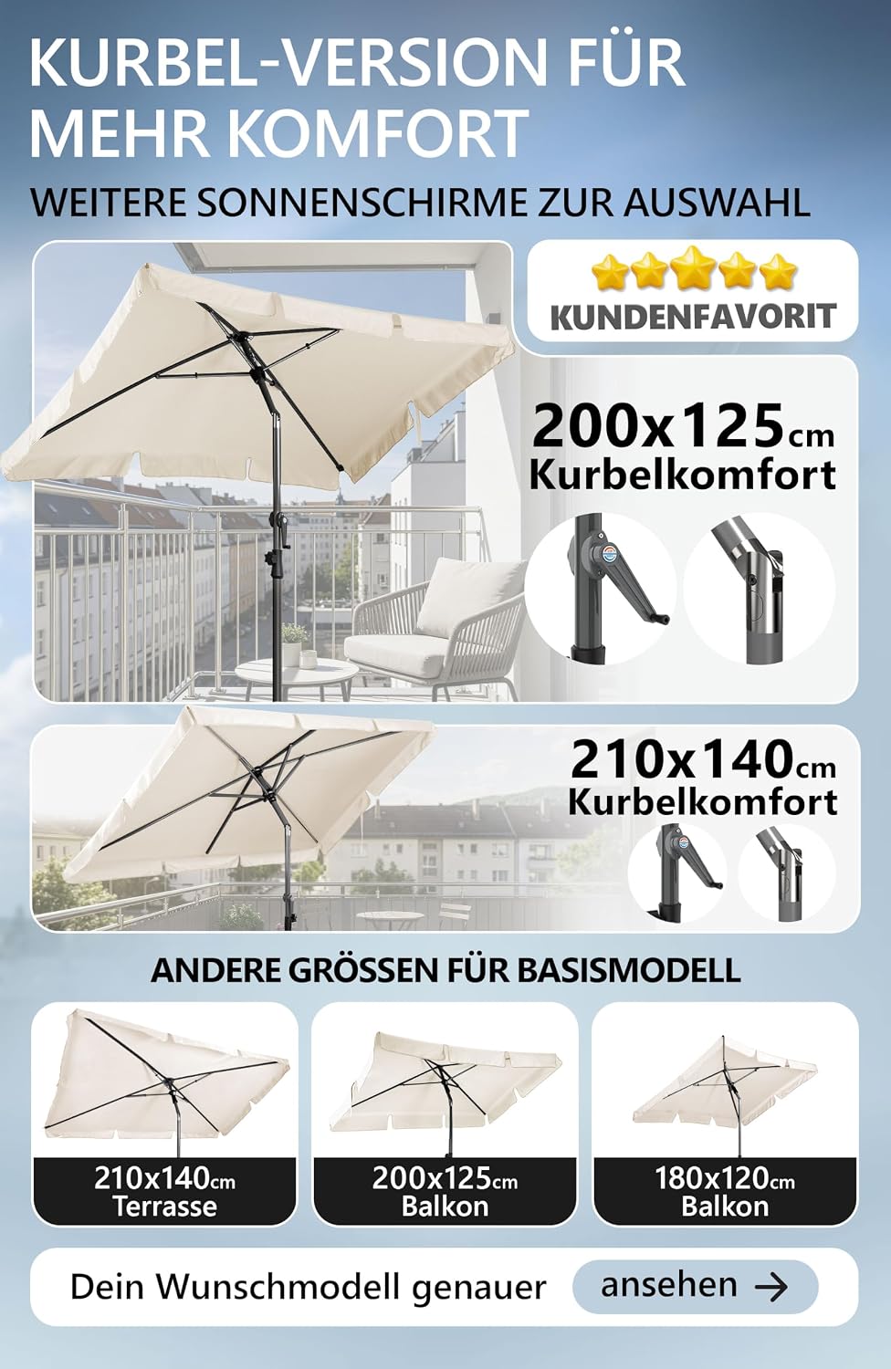 4smile Sonnenschirm Balkon, Sonnenschirm rechteckig 200x125 cm, Sonnenschutz Balkon mit UPF 50+, Bal