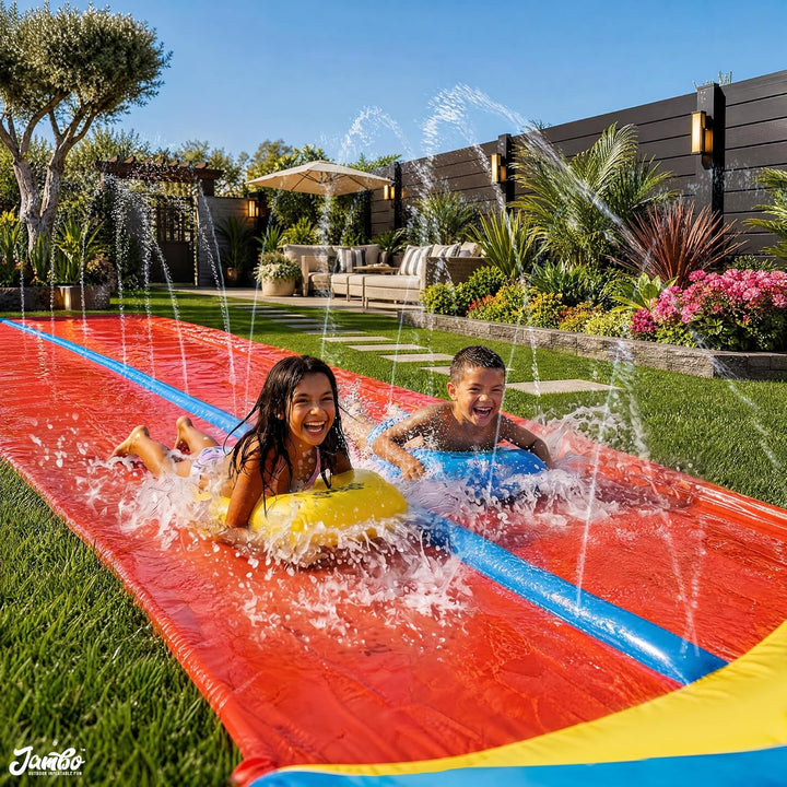 Jambo Extra Lange Rutsch- und Wasserrutsche mit 2 Bodyboards, robuste doppelte Wasserrutschbahn mit
