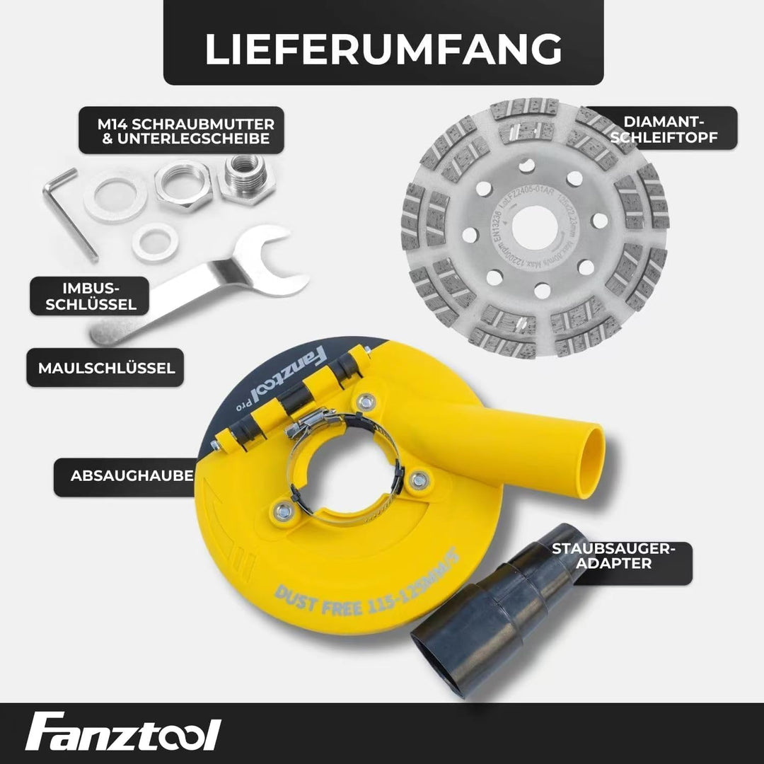 FANZTOOL Pro Absaugaufsatz Absaughaube für Winkelschleifer inkl. 125 mm Diamantschleiftopf PROFI QUA