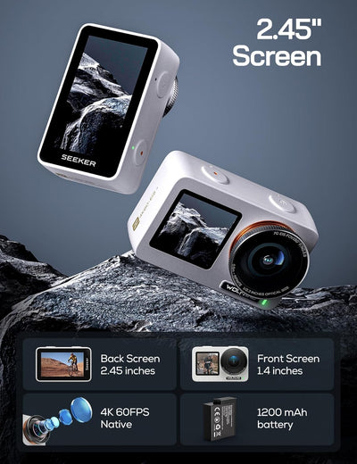 WOLFANG Seeker One White - wasserdichte Action-Kamera mit 4K60 Ultra HD-Video, Dual-Screen-Farbdispl