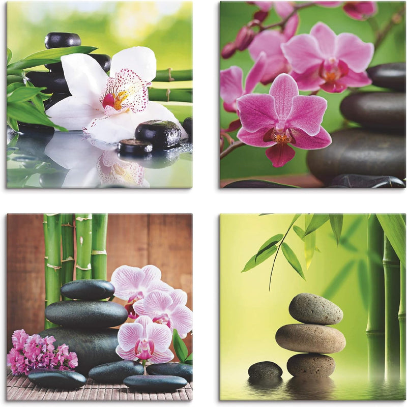 ARTLAND Leinwandbilder auf Holz Wandbild Bild Set 4 teilig je 40x40 cm Quadratisch Wellness Zen Stei