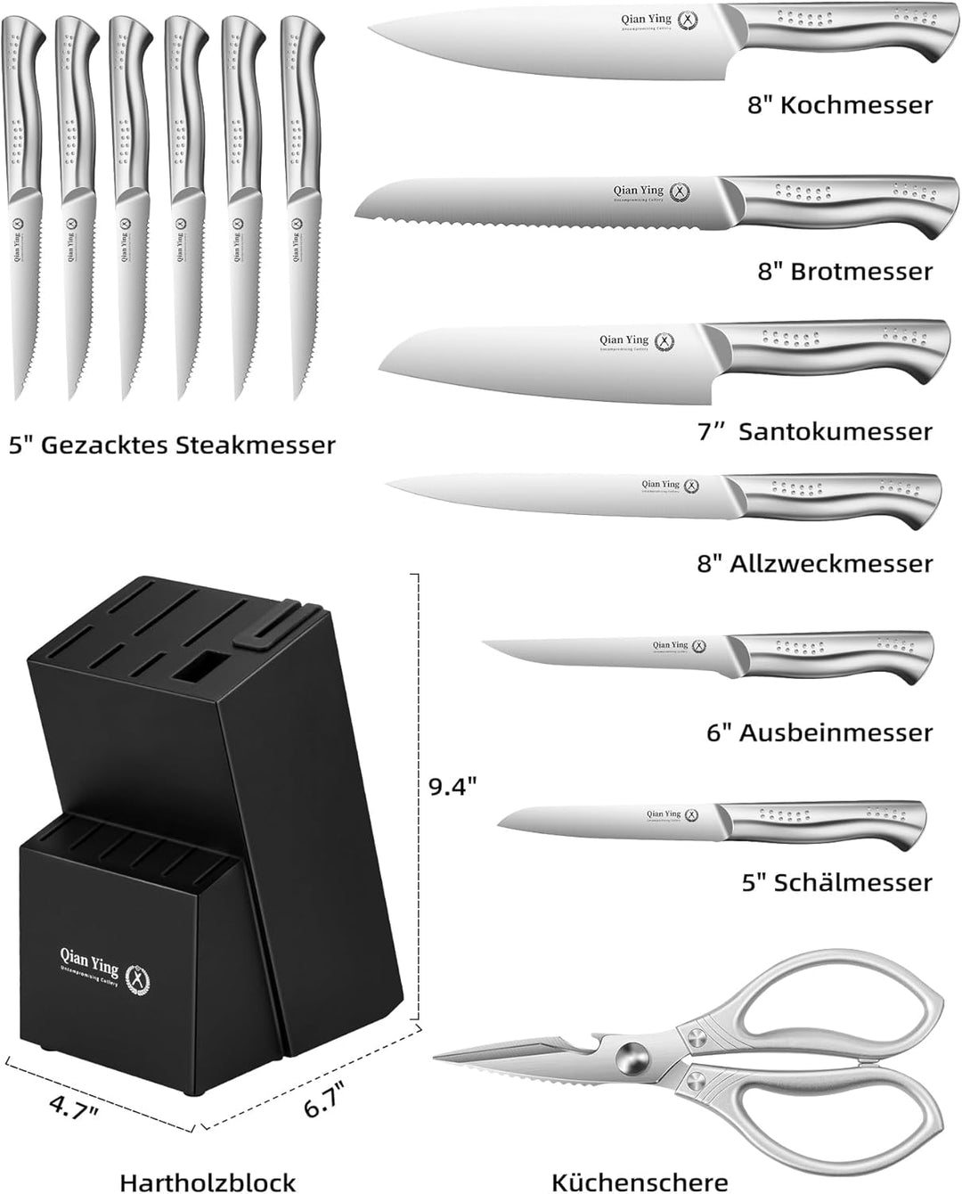 Qianying Messerset mit Block Edelstahl Küchenmesser Set: 14 Teilig Messer Set Messerblock mit Schärf