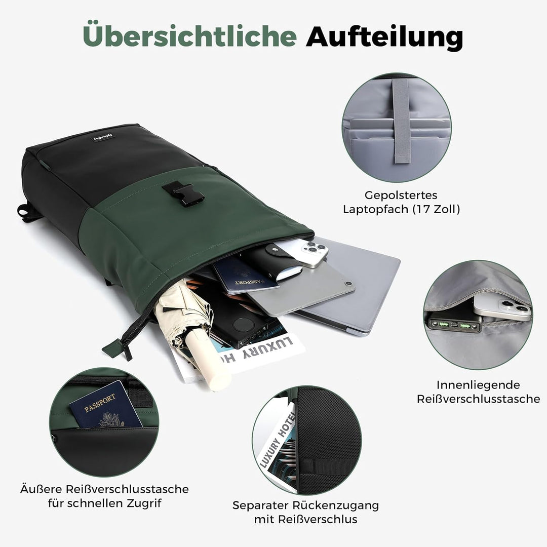 Wasserdicht Rucksack, Laptop Rolltop Rucksack für Herren & Damen Mit Diebstahlsichere Reissverschlus