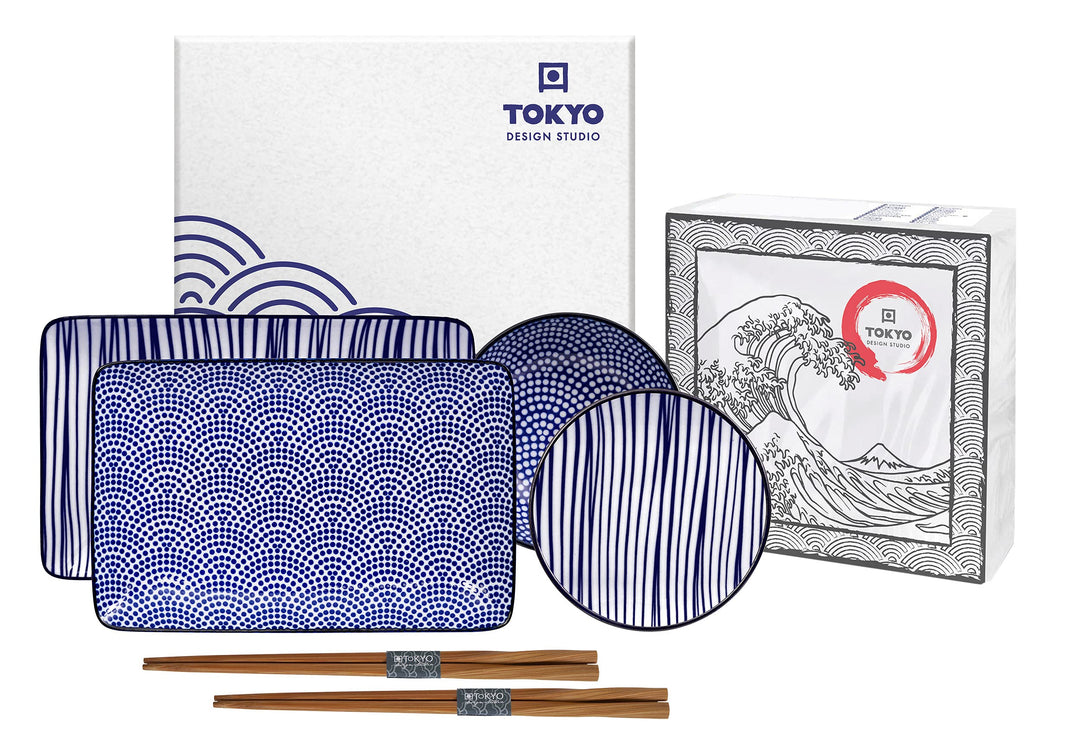 TOKYO design studio Nippon Blue Sushi-Set blau-weiss, 6-TLG., 2X Sushi-Platten 2X Saucen-Schalen, 2X