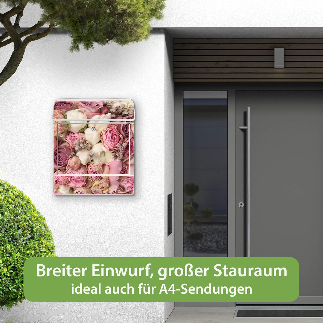 banjado® Design Briefkasten mit Motiv Strauss Rosen 39x47x14cm & 2 Schlüssel - Briefkasten Stahl wei