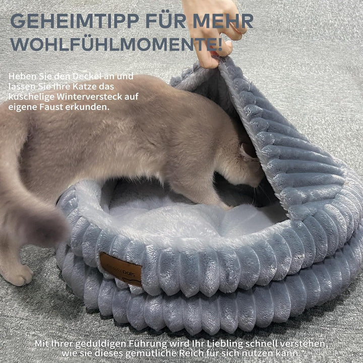 CheerPals Katzenbett mit Deckel 50cm, Waschbar Kuschelhöhle, Winterversteck mit Hochelastischer Schl