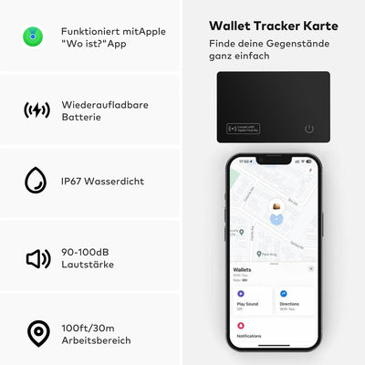 VINGNUT Dünne Geldbörsen-Tracker-Karte,Wiederaufladbarer Geldbörsen-Tracker,IP67 Wasserdicht,kompati