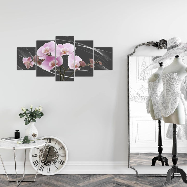 Runa Art Wandbilder Blumen Orchidee 5 Teilig Bild auf Vlies Leinwand Deko Wohnzimmer Abstrakt Grau R