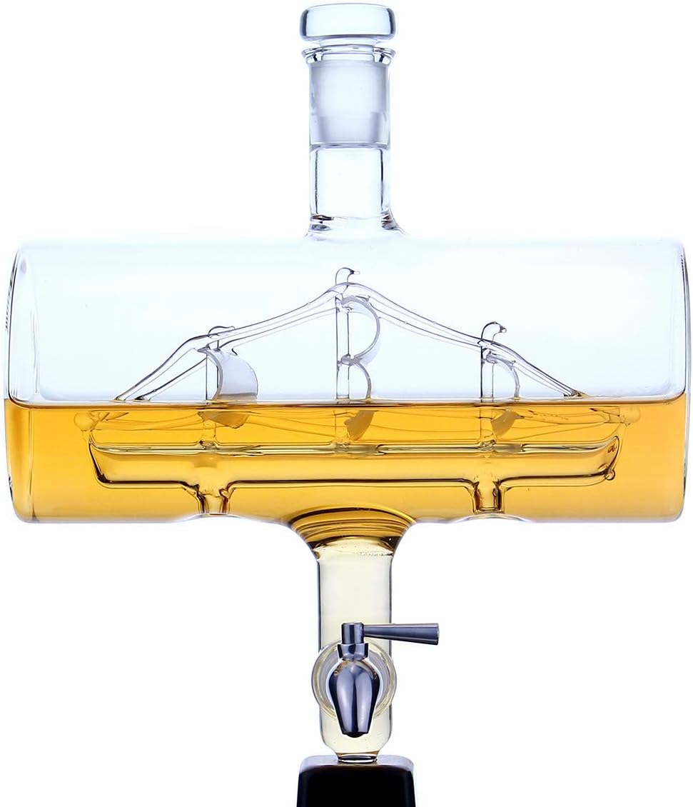 Whisky-Set 4er Whiskygläser 320ml, Glas-Karaffe mit Segelschiff Füllmenge 1000ml, Edelstahlhahn - Bl