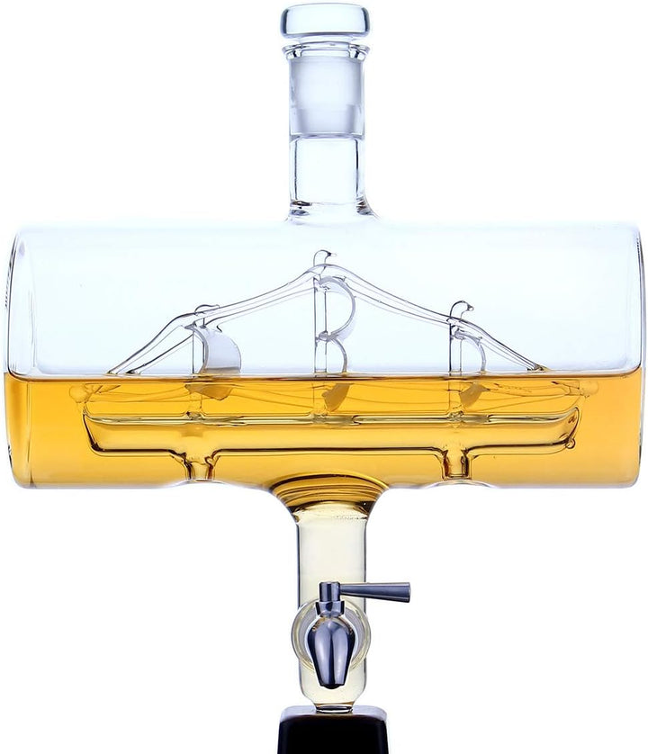 Whisky-Set 4er Whiskygläser 320ml, Glas-Karaffe mit Segelschiff Füllmenge 1000ml, Edelstahlhahn - Bl