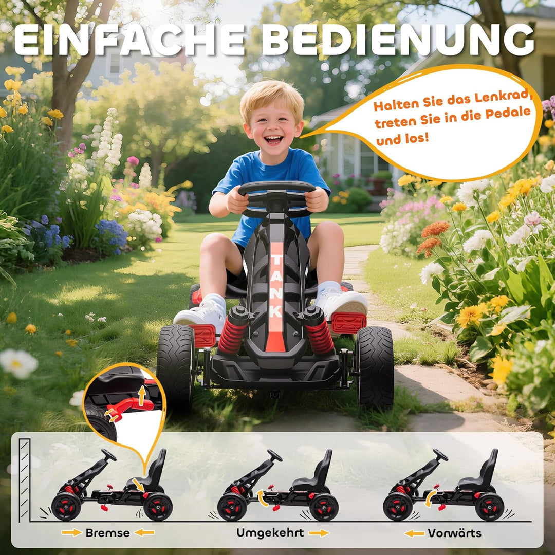 AIYAPLAY Gokart Tretauto mit Handbremse, Automatisches Kupplungssystem, Vor- und Rückwärtsgang, Tret