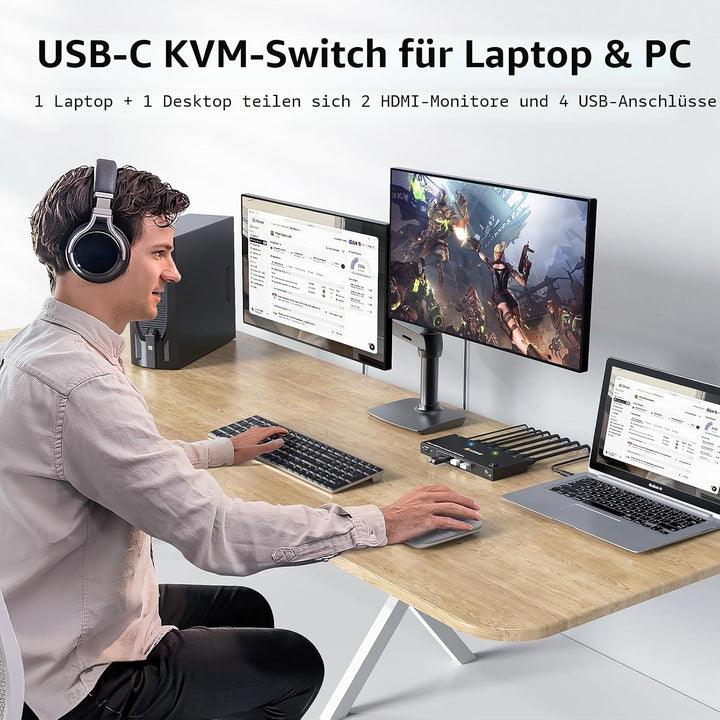 KVM Switch Laptop PC 2 Monitore, KVM Switch 2 PC 2 Monitore USB C DP HDMI Teilen 4 USB 3.0 Ports, 4K