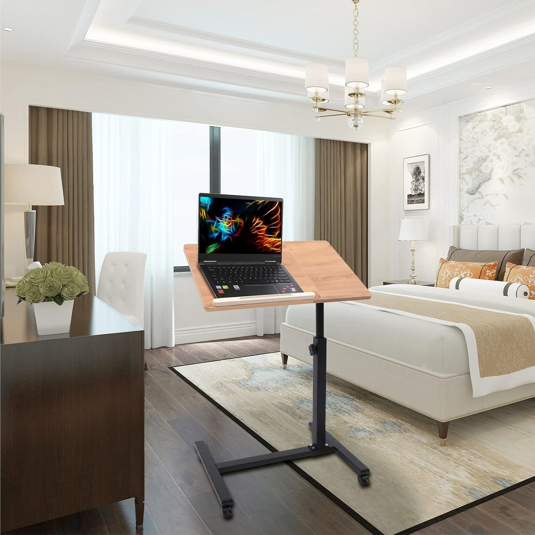 Laptoptisch höhenverstellbar, Beistelltisch mit Rollen, Laptopständer Holz, drehbar, Tisch für Bettl