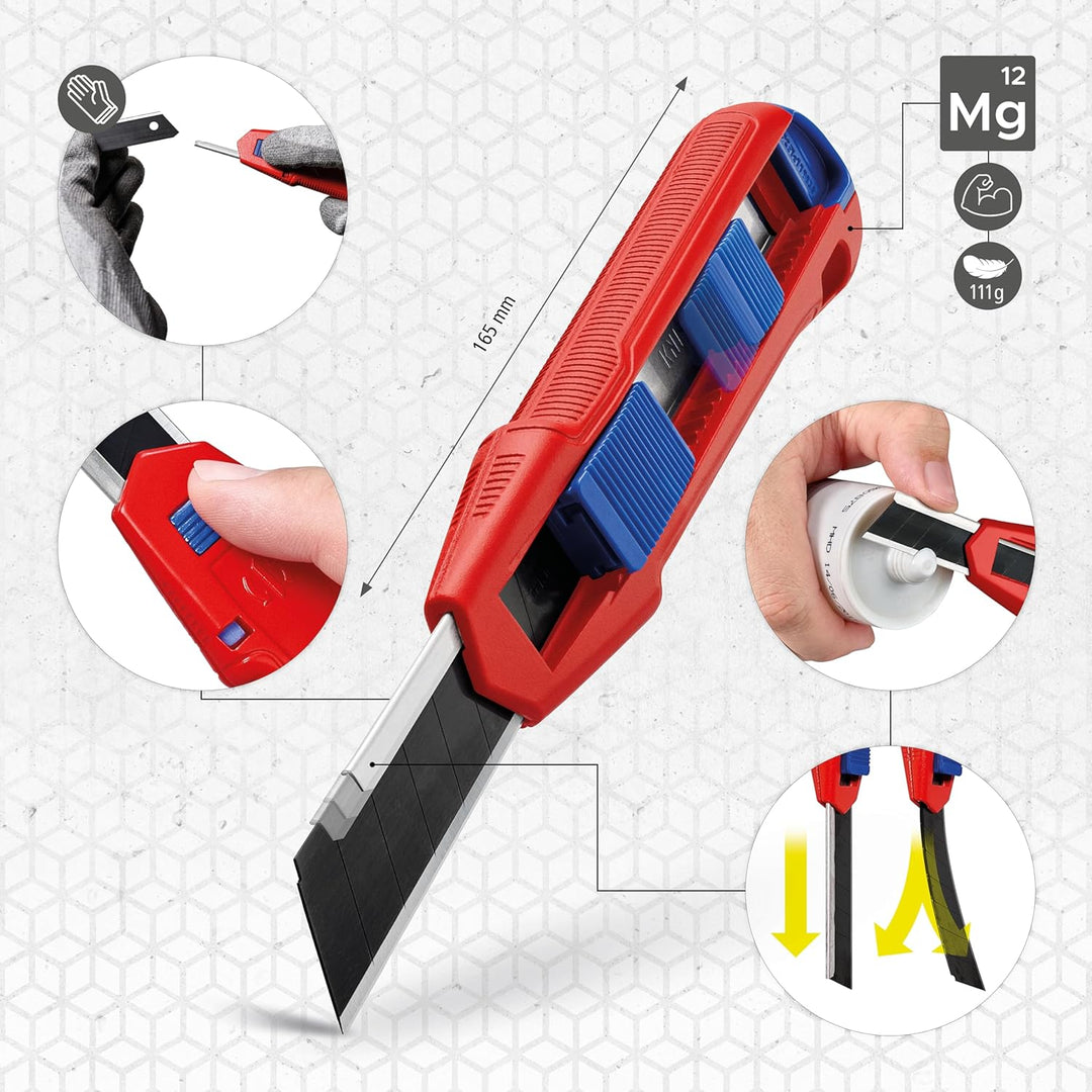 KNIPEX CutiX® Universalmesser, mit Stabilisierungsschiene, Klingenverriegelung, 18 mm Abbrechklinge,